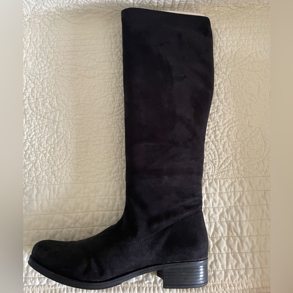 BUSSOLA discontinued “Sienna” black suede knee high boots.